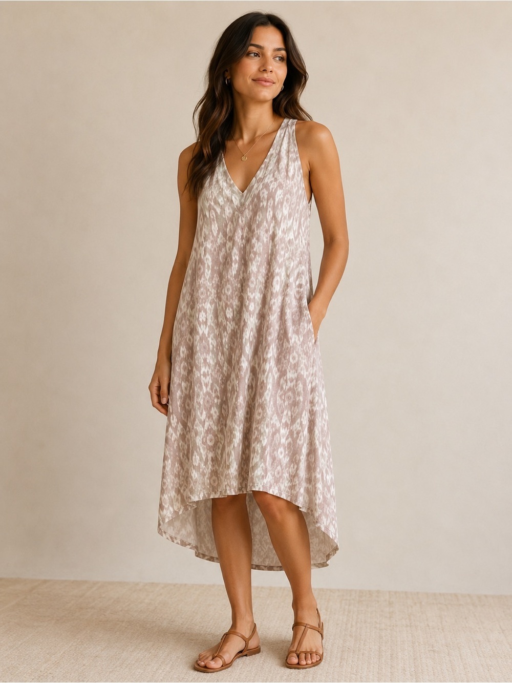 FREEDOM TRAIL KYODAN Viscose Racerback High Low Midi Dress Textured Cream Small